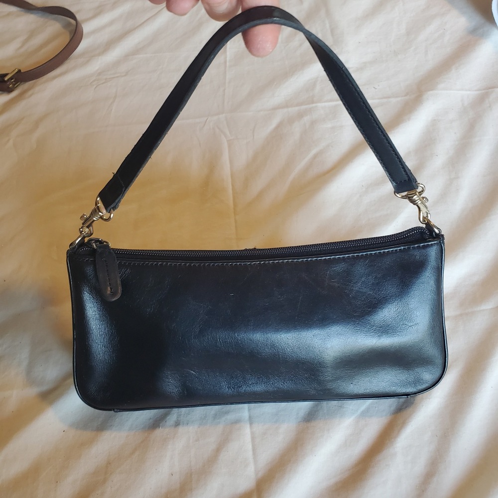 Vintage Black Leather Baguette Shoulder Bag Minimalist Y2K Clutch - Picture 2 of 8